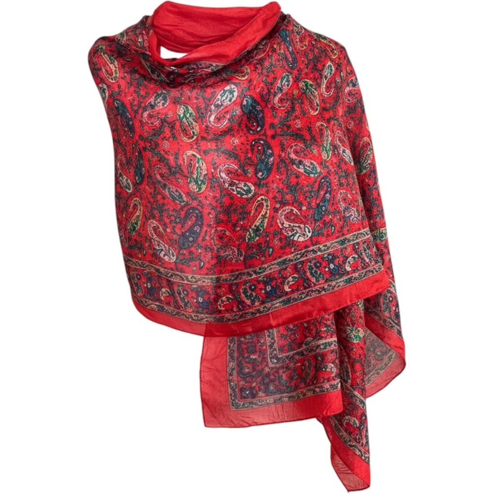 100% Silk Womens OS Red Paisley Scarf Shawl Wrap Bohemian Rectangle Lightweight